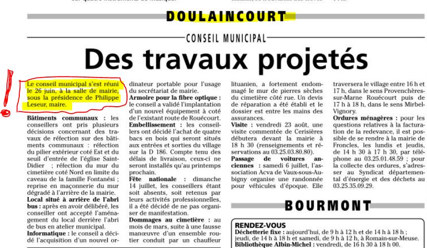 02 07 2019 JHM Quand le Journal de la Haute marne affiche pour la commune de Doulaincourt le compte rendu du conseil municipal de Cerisières