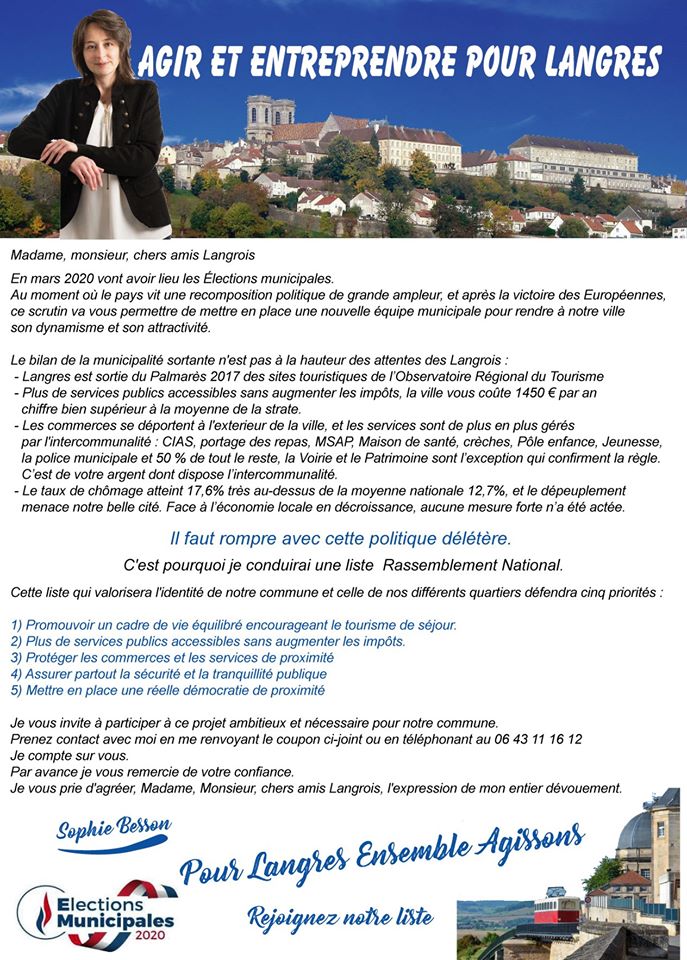 Flash info journal citoyen Haute Marne le tract Rassemblement National à Langres élections municipales 2020 Sophie Besson candidate de Marine Le Pen exclusif