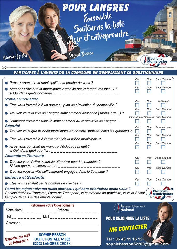 Flash info tract du rassemblement national élections municipales langres 2020 Sophie Bession avec Marine Le Pen actualité journal citoyen de Haute Marne
