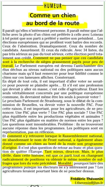 JHM billet dhumeur de Frédéric Thévenin qui fait réagir Frédéric Fabre Rassemblement National lire ici dans le journal citoyen