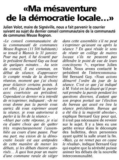 Article JHM Quand Julien Volot Maire de Signeville met en évidence le manque de démocratie des assemblées locales